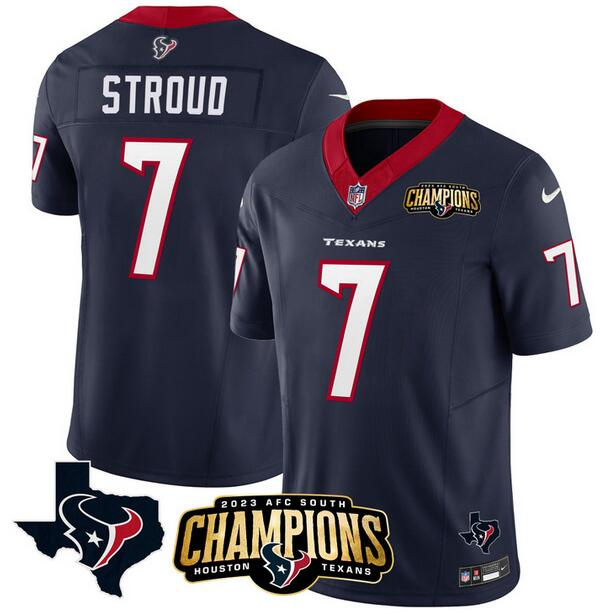 Men's Houston Texans #7 C.J. Stroud Navy 2023 F.U.S.E. AFC South Champions Patch And Team Logo Patch Vapor Untouchable Limited Stitched Football Jersey